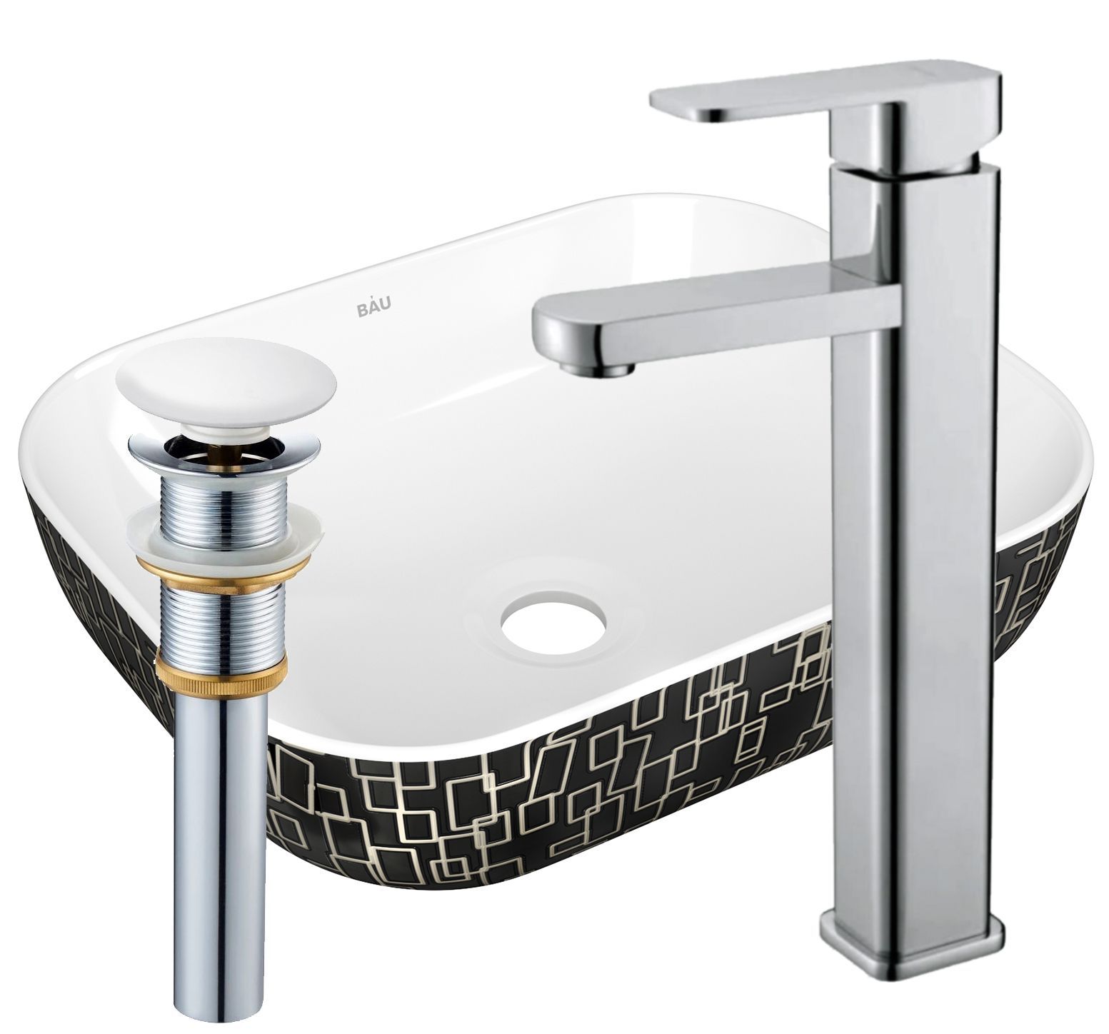 Раковина накладная со смесителем и выпуском (прямоугольная BAU Stil 50х40, белая/черная + смеситель Hotel Still, нер. сталь, выпуск клик-клак белый)