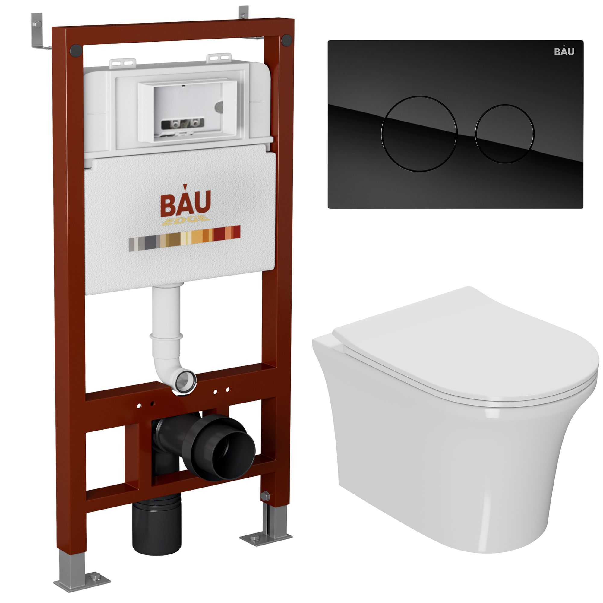 Комплект BAU 6 в 1: инсталляция BAU PRO, унитаз подвесной безободковый Bau Spectrum PRO, сиденье быстросъемное микролифт, клавиша из стекла BAU Dream, черная