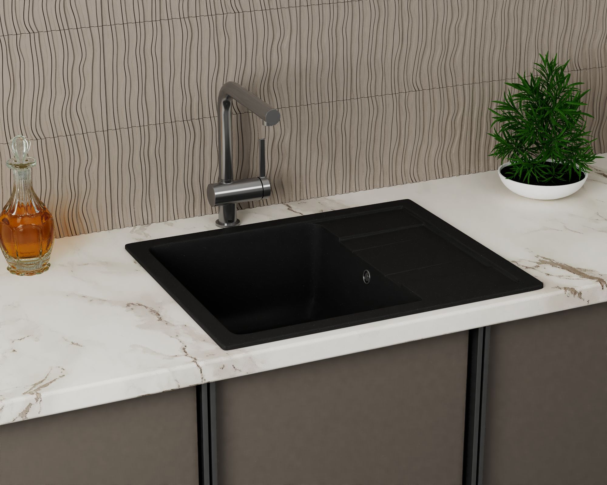 Мойка для кухни оборачиваемая с крылом BAU Stil Black coal 61х50, выпуск с сифоном в комплекте, черный уголь