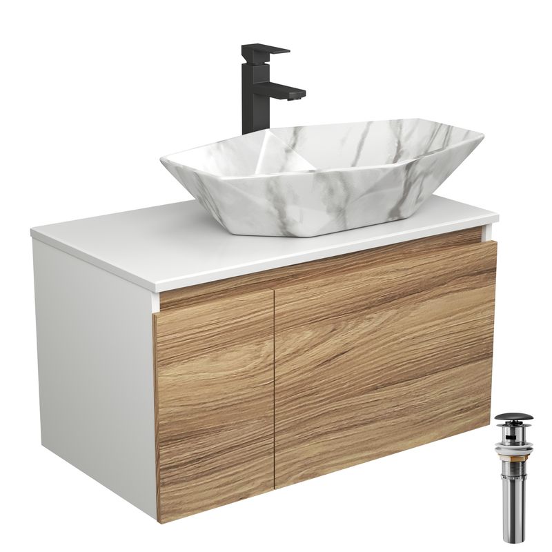 Комплект для ванной, 4 предмета (Тумба подвесная Bau Blackwood 80 + Раковина BAU 64х40, мрамор + Смеситель высокий Hotel Black, черный, выпуск черный)