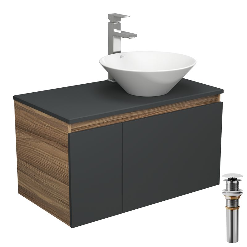 Комплект для ванной, 4 предмета (тумба Bau 80, графит + раковина BAU Dream D43 + смеситель Hotel Still, выпуск клик-клак, белый)