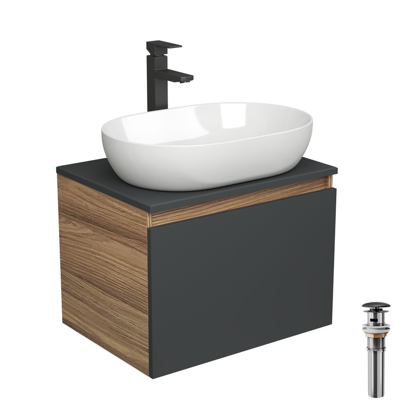 Комплект для ванной, 4 предмета (Тумба подвесная Bau Blackwood 60 графит + Раковина BAU 59х40 + Смеситель высокий Hotel Black, черный, выпуск черный)