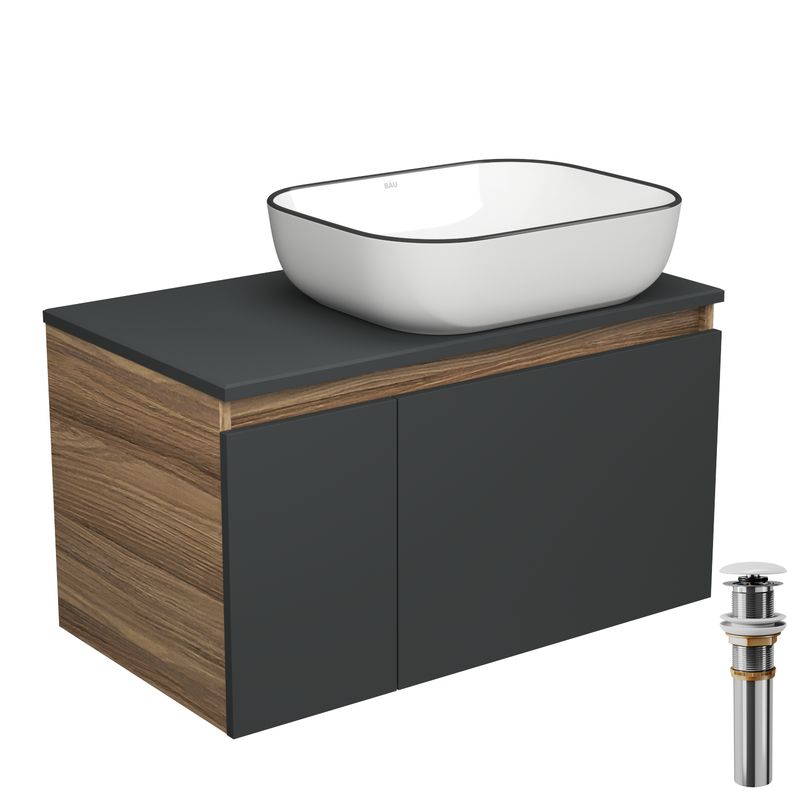 Тумба с раковиной и выпуском (тумба Bau Dream 80, графит + раковина санфаянс накладная BAU Stil Black Rand 50х40, выпуск клик-клак, белый)