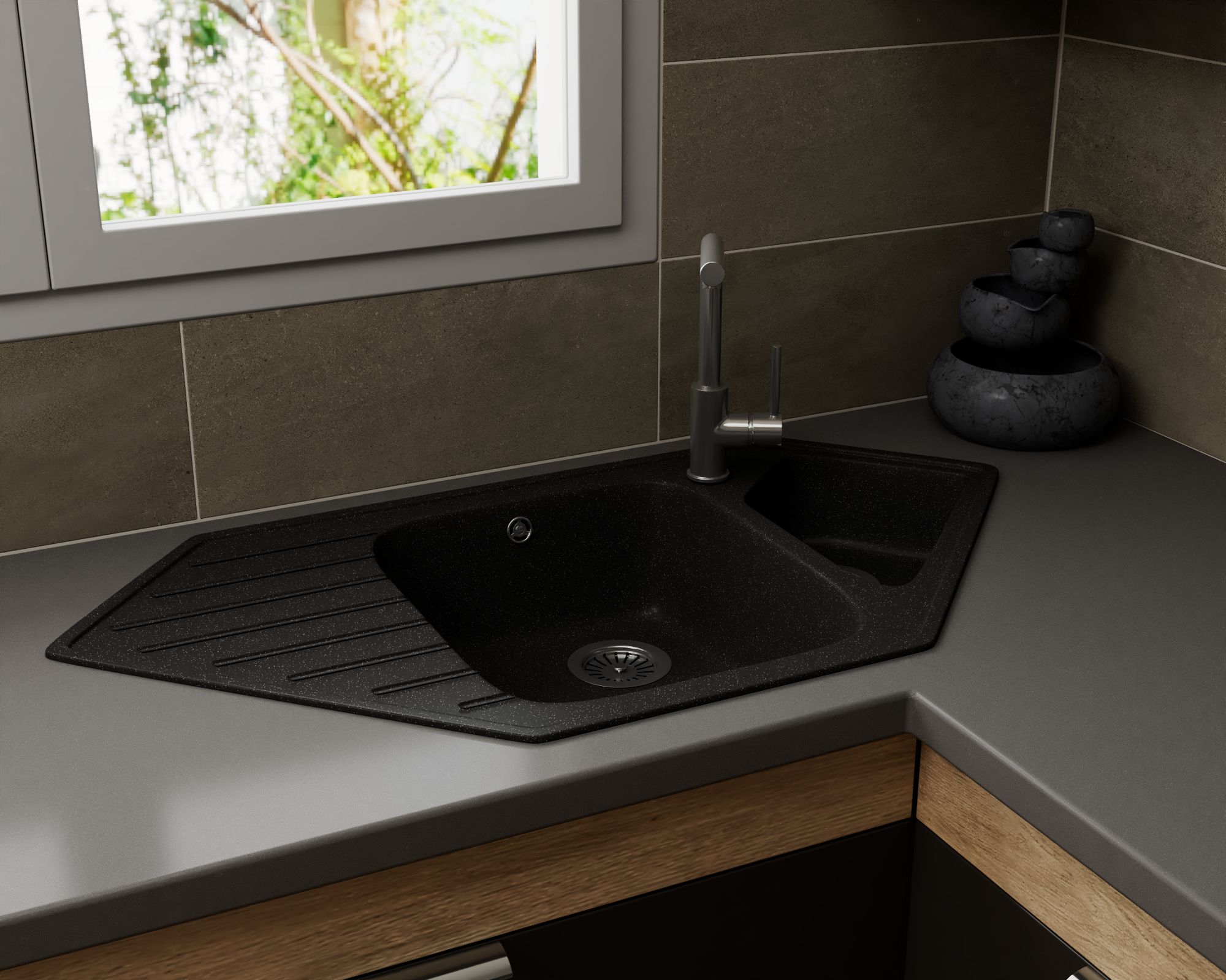 Мойка для кухни угловая BAU Triangle Black stone 97х50, выпуск с сифоном в комплекте, черный камень