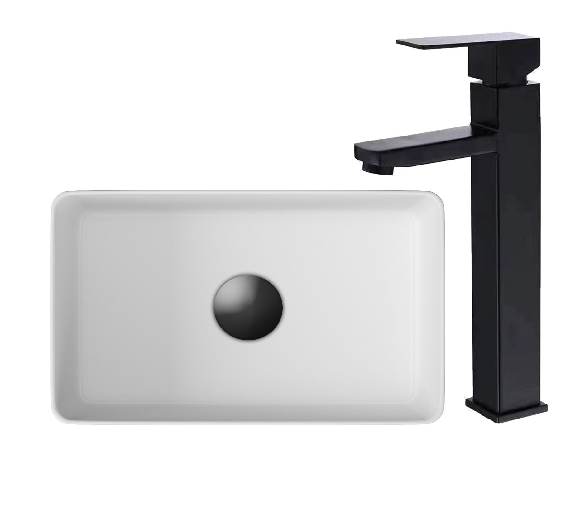 Раковина накладная со смесителем (прямоугольная BAU Hotel mini 37х23, белая + смеситель высокий Hotel Black, черный)