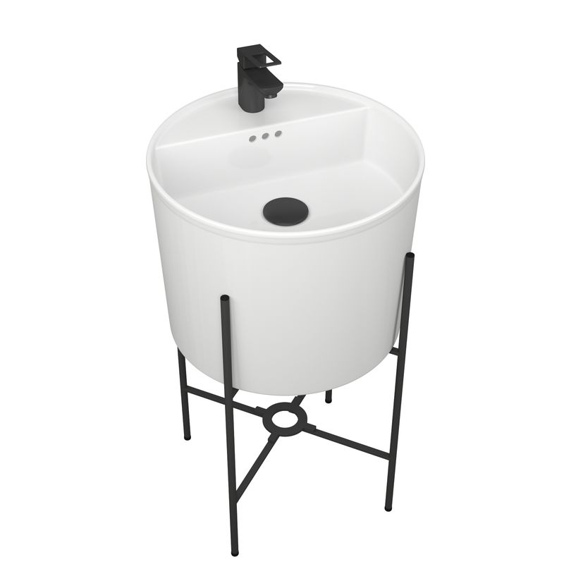 Раковина напольная с металлическими ножками и выпуском (BAU Omega белая + смеситель Cerama Black, выпуск клик-клак черный)