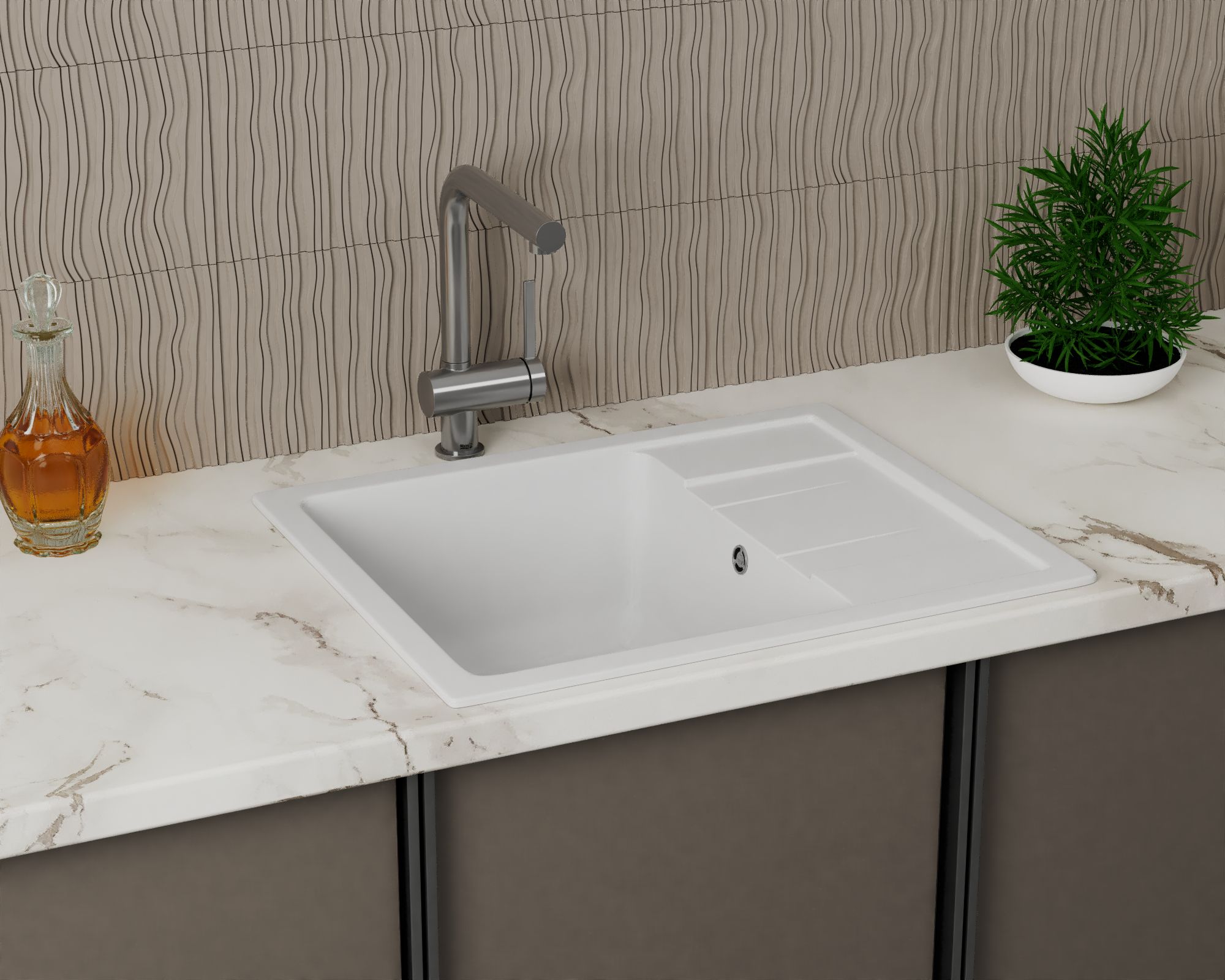 Мойка для кухни оборачиваемая с крылом BAU Stil White snow 61х50, выпуск с сифоном в комплекте, белый снег