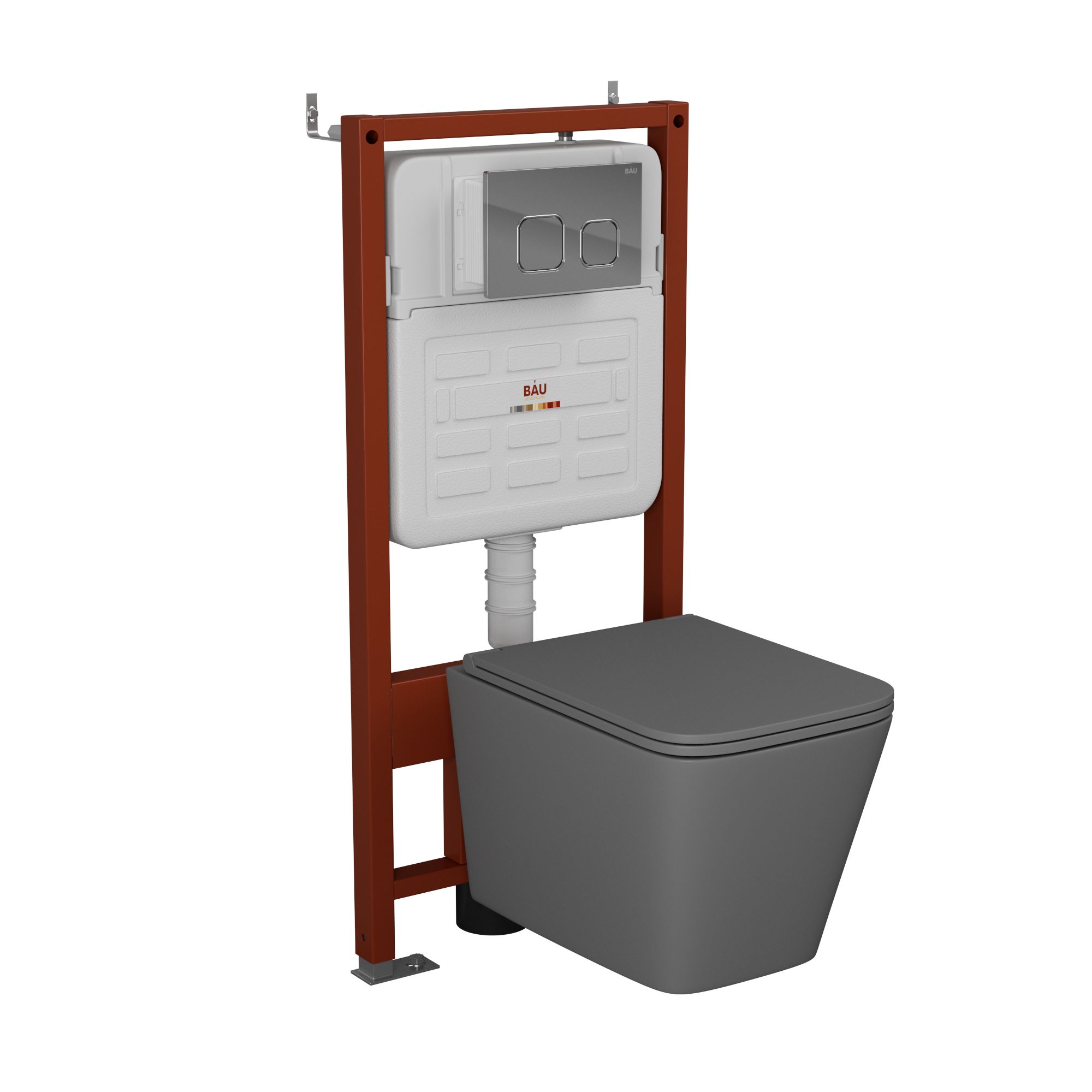 Комплект BAU 6 в 1: усиленная инсталляция BAU IDEAL, унитаз подвесной безободковый торнадо обратного потока Bau Stil Hurricane-2 темно-серый матовый, сиденье микролифт, клавиша BAU Strike, хром