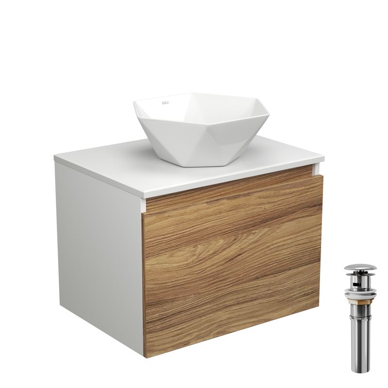 Тумба с раковиной и выпуском (тумба подвесная Bau Dream 60 + раковина на столешницу BAU Crystal 40х40, белая, выпуск клик-клак, хром)