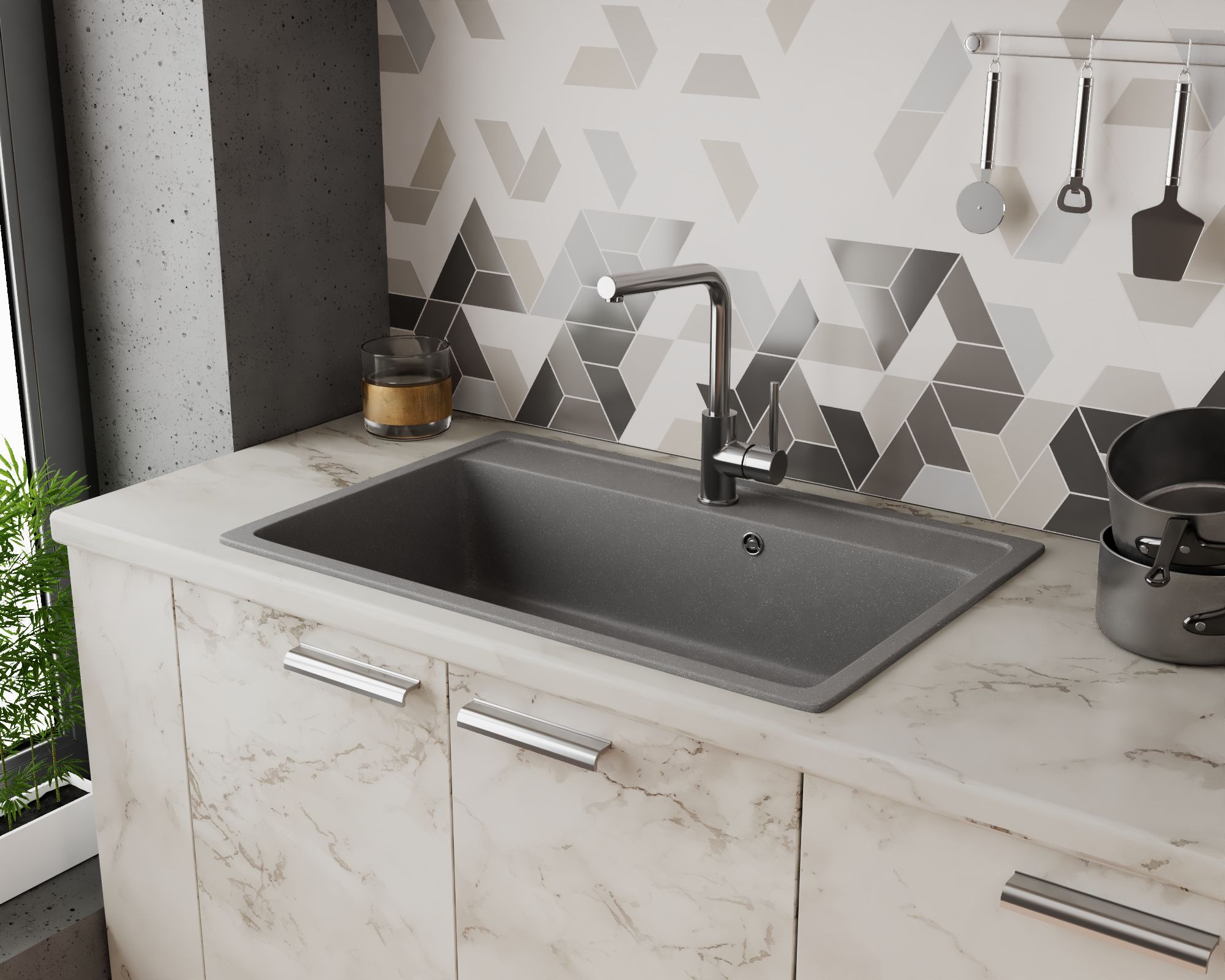 Мойка для кухни BAU Stil Gray stone 76х51, выпуск с сифоном в комплекте, серый камень