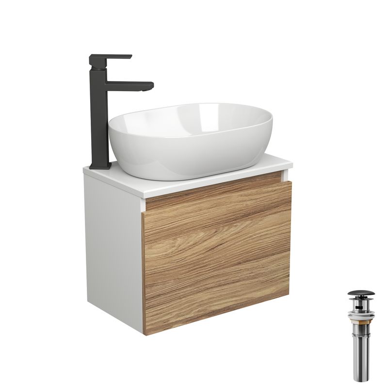 Комплект для ванной, 4 предмета (Тумба подвесная Bau Blackwood 50 + Раковина BAU 48х34 + Смеситель высокий Hotel Black, черный, выпуск черный)