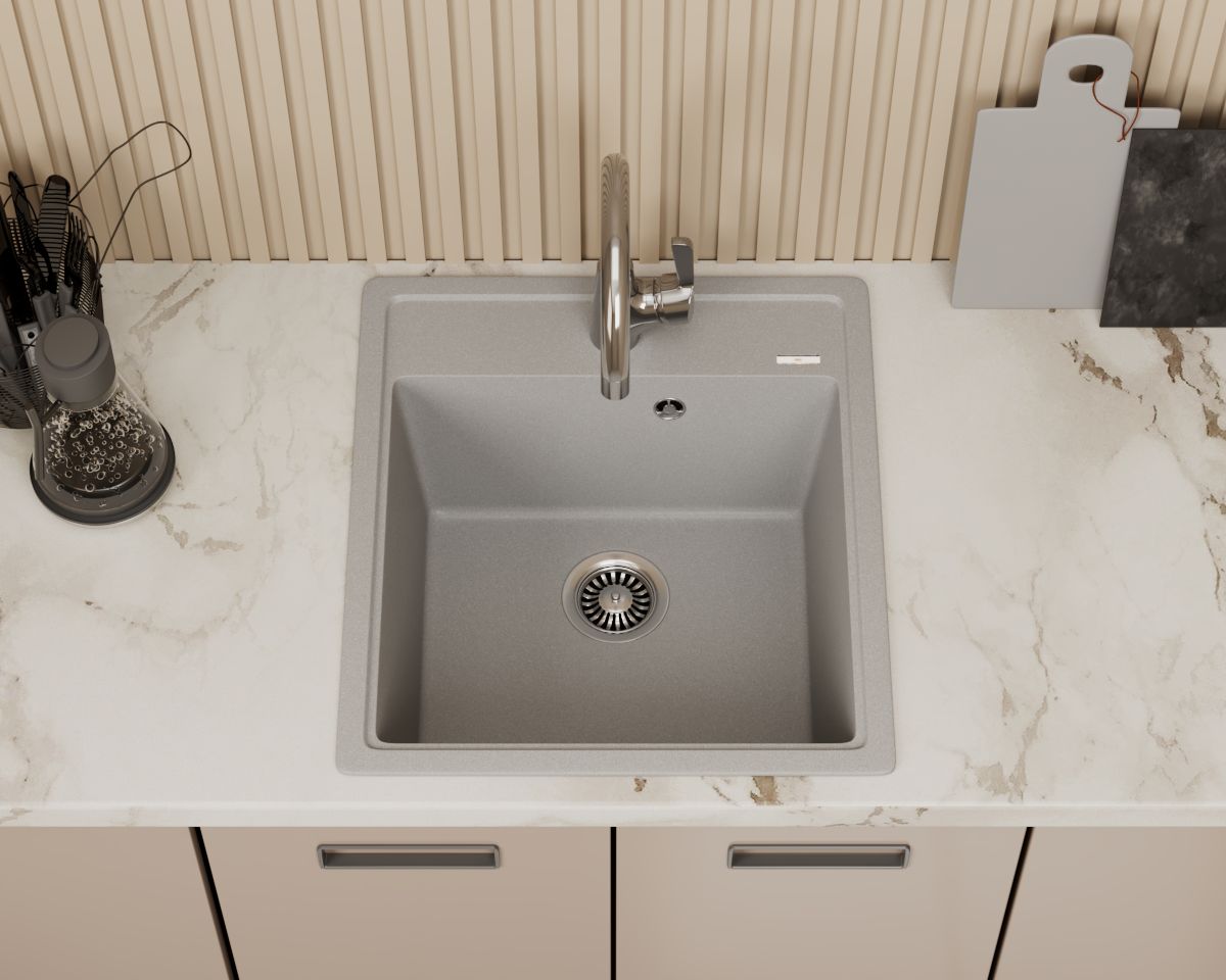 Мойка для кухни врезная кварцевая в комплекте с сифоном BAU Stil Gray silk 46х51, серый шёлк
