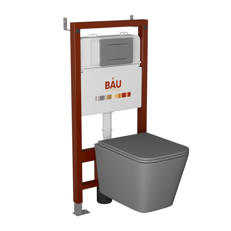 Комплект BAU 6 в 1: инсталляция BAU PRO, унитаз подвесной безободковый торнадо обратного потока Bau Stil Hurricane-2, сиденье микролифт, серый матовый, клавиша Stil Gun Grey, темно-серый металлик