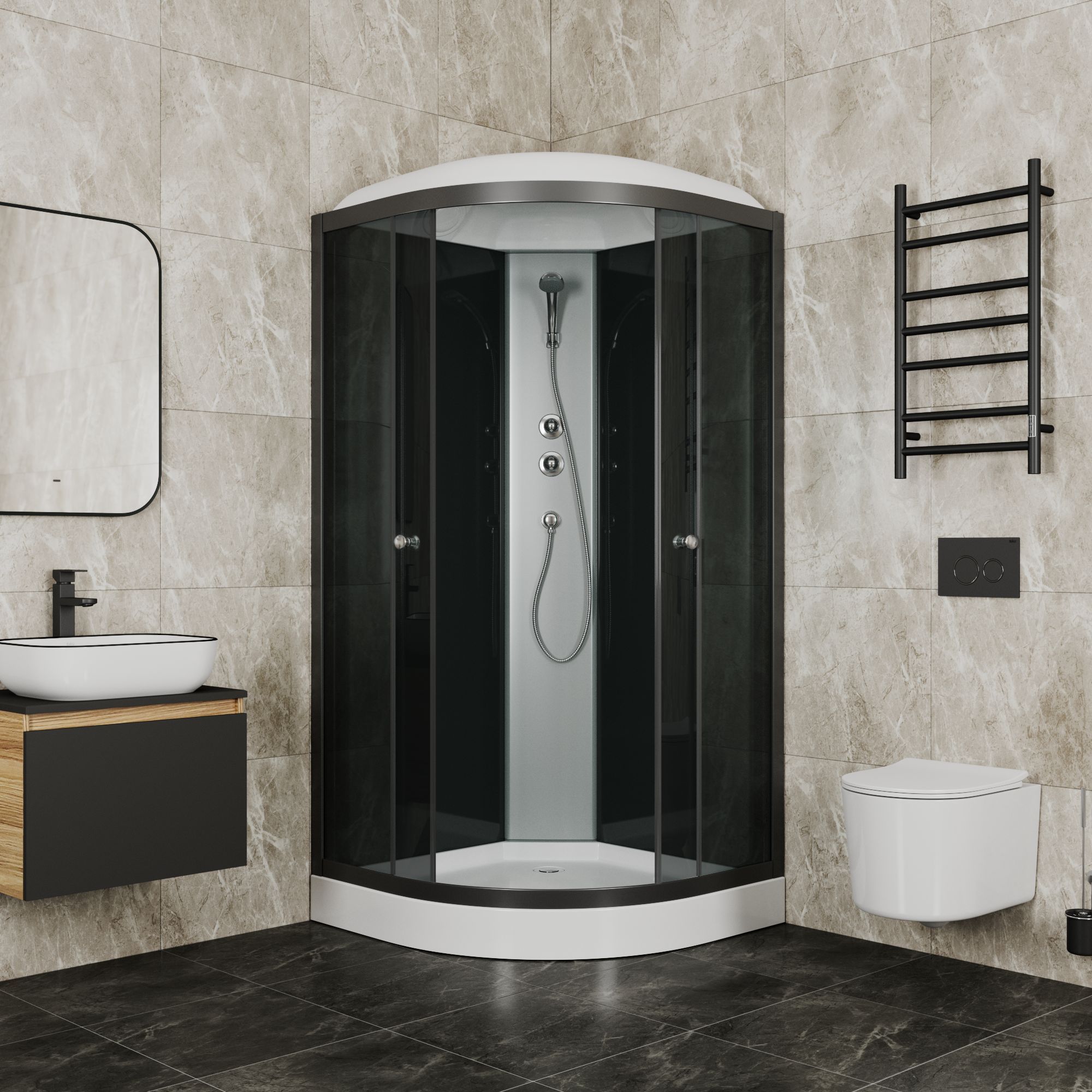 Душевая кабина BAU Nimb с поддоном 90x90х195, прозрачное закаленное стекло, черный матовый профиль, черная задняя стенка