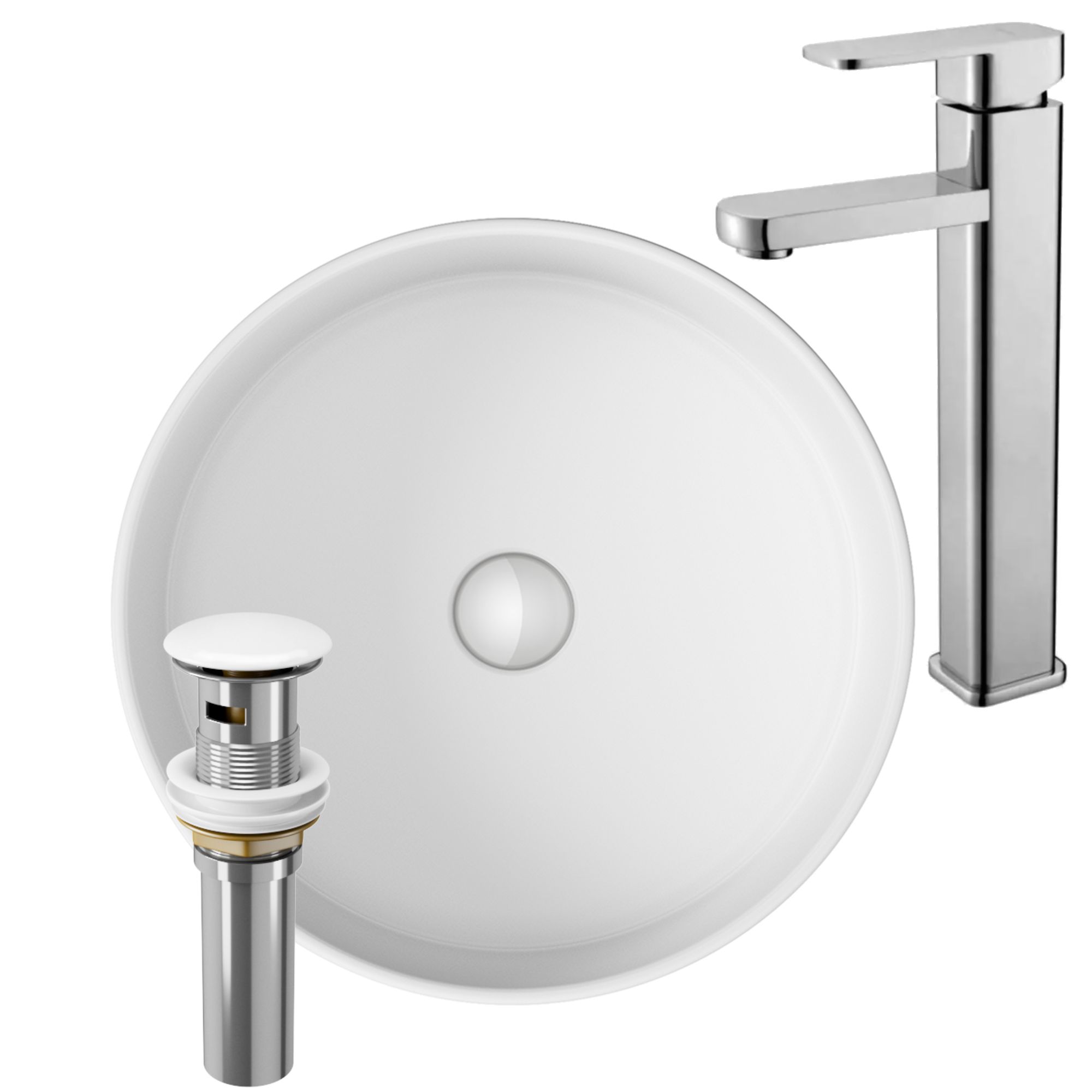 Раковина накладная со смесителем и выпуском (Умывальник BAU Dream круглый D41, белый + смеситель для раковины высокий Hotel Still, выпуск клик клак, белый)