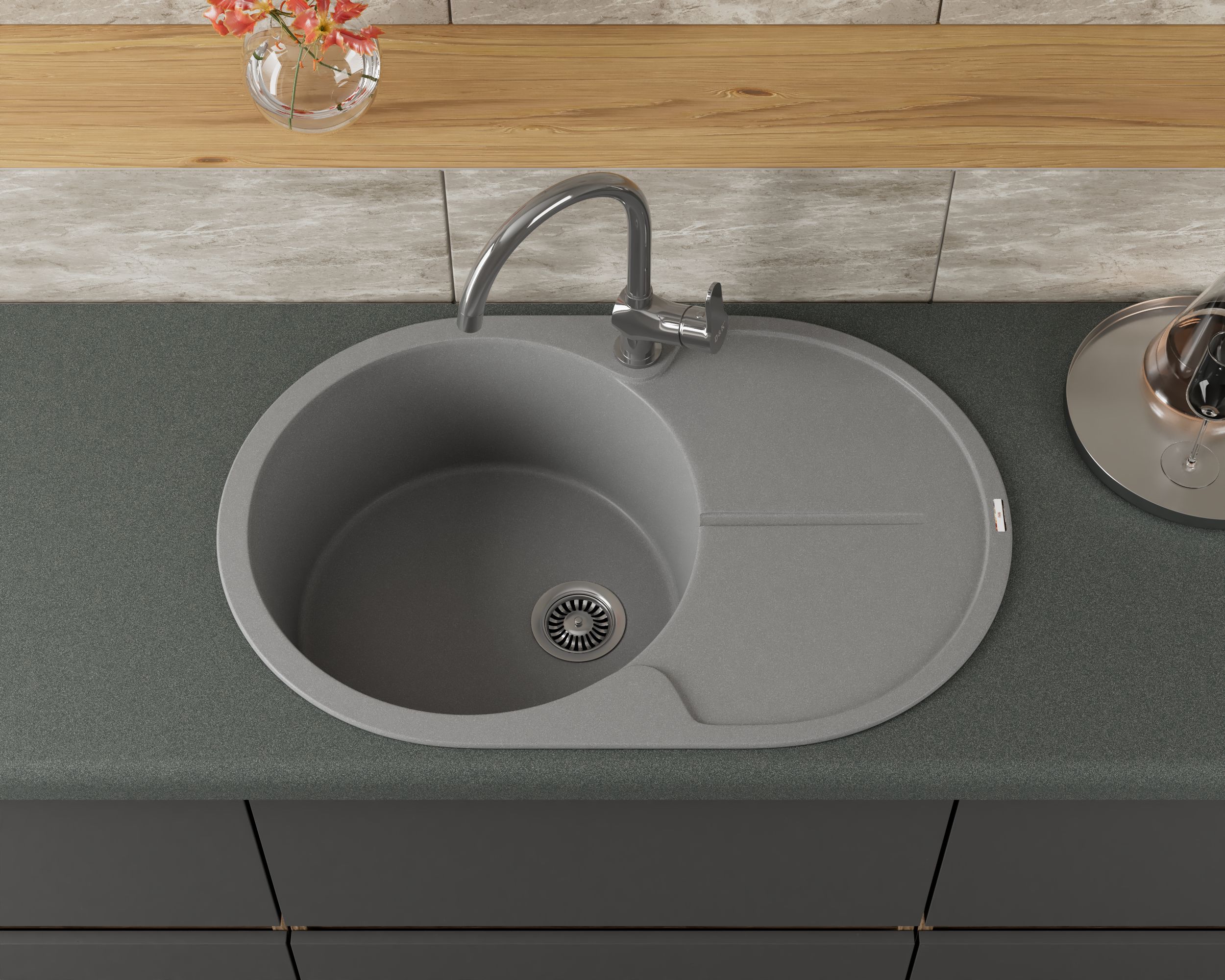 Мойка для кухни врезная кварцевая в комплекте с сифоном BAU Dream Gray silk 78х51, серый шёлк