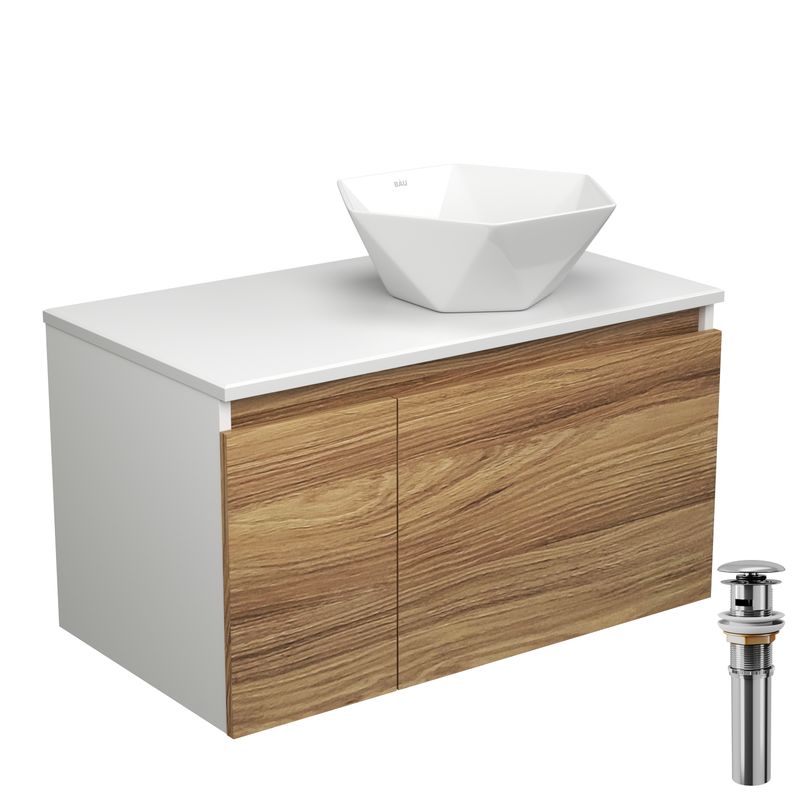 Тумба с раковиной и выпуском (тумба подвесная Bau Dream 80 + раковина на столешницу BAU Crystal 40х40, белая, выпуск клик-клак, хром)