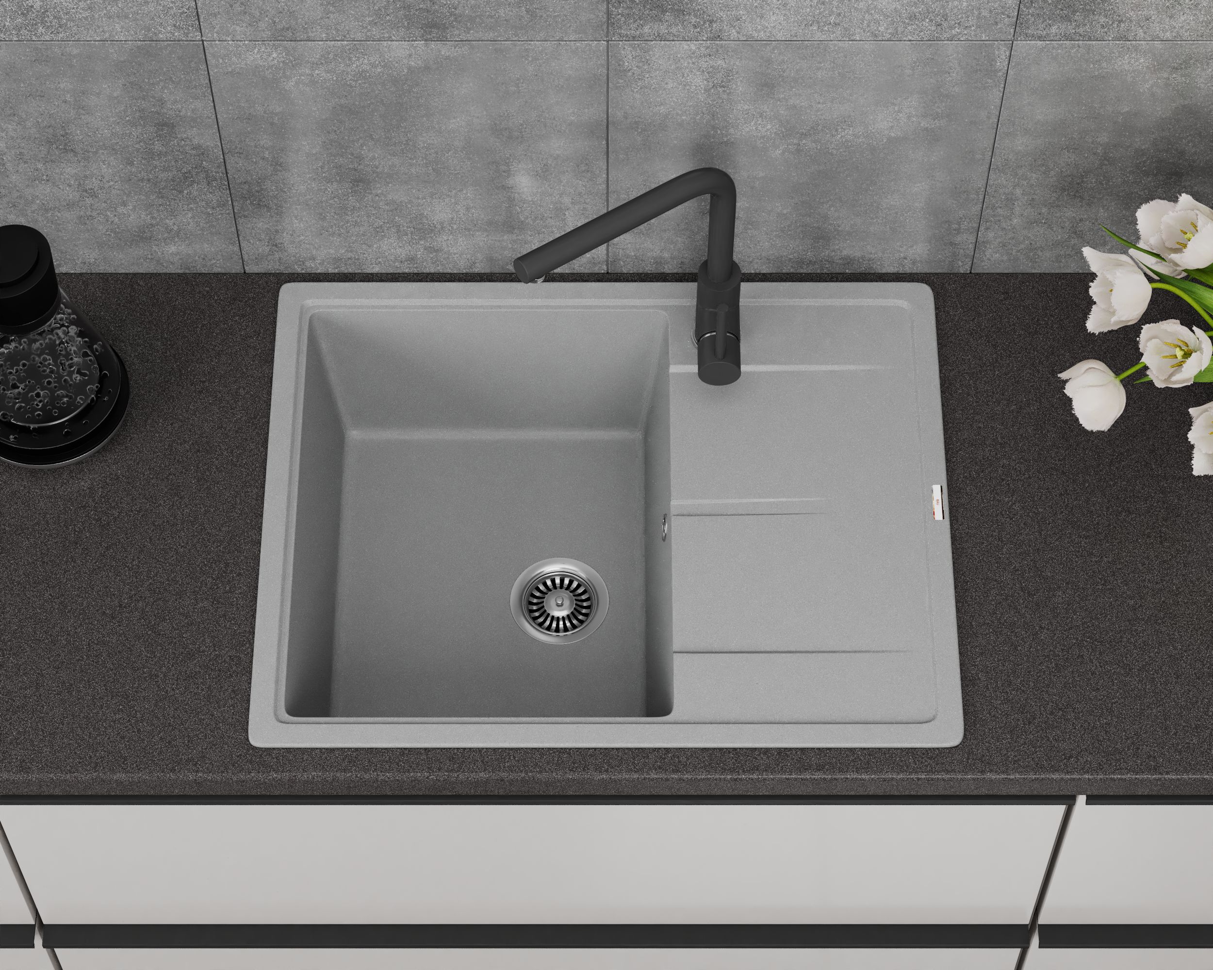 Мойка для кухни врезная кварцевая в комплекте с сифоном BAU Stil Gray silk 65х51, серый шёлк