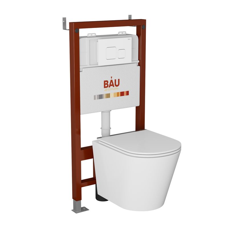Комплект BAU 6 в 1: инсталляция BAU PRO, унитаз подвесной безободковый Bau Nimb LUX, сиденье дюропласт микролифт со вставкой из нержавеющей стали, кнопка смыва BAU Soul, белая