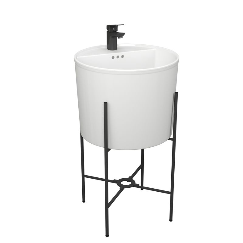 Раковина напольная с металлическими ножками (BAU Omega белая + смеситель Cerama Black, черный)