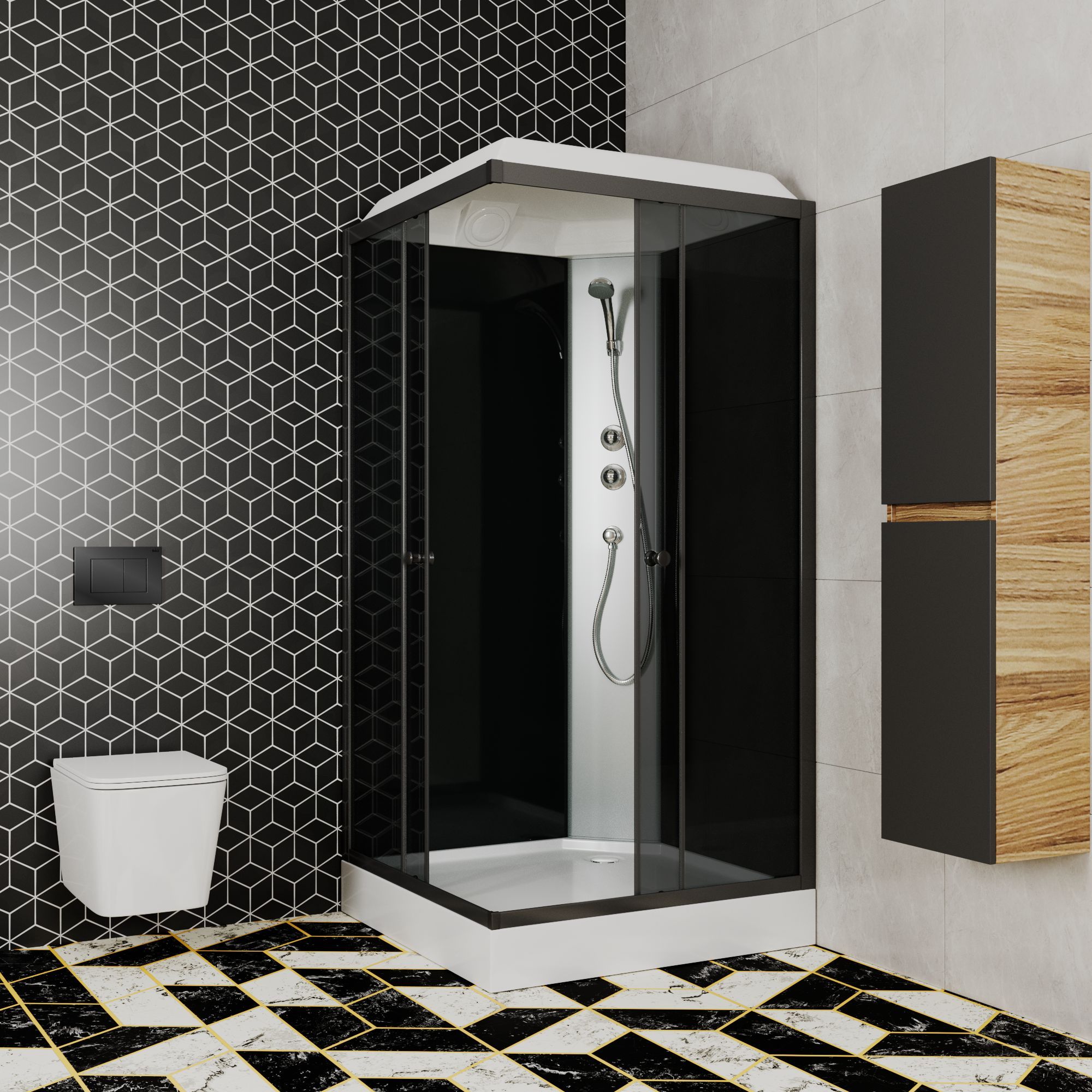 Душевая кабина BAU Stil квадратныая с поддоном 90x90х195, тонированные передние закаленные стекла, черные задние стенки, черный матовый профиль