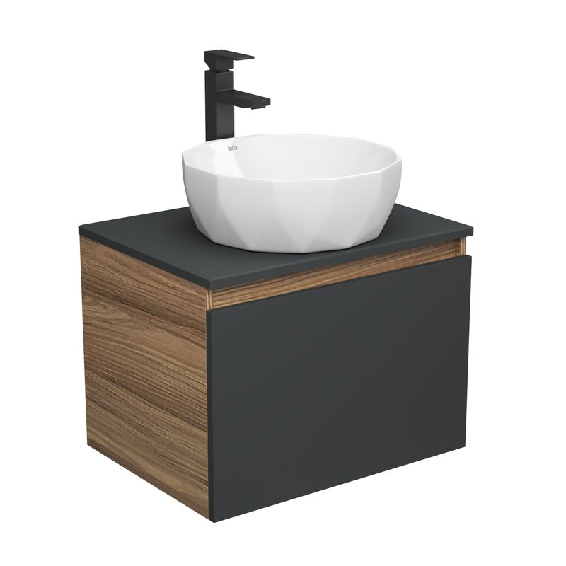 Комплект для ванной, 3 предмета (тумба Bau Dream 60, графит + раковина накладная на столешницу BAU Diamond D40, смеситель высокий Hotel Black)