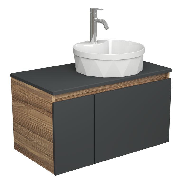 Комплект для ванной, 3 предмета (Тумба подвесная Bau Blackwood 80 графит + Раковина BAU D40, с отв. под см-ль, Смеситель Dream, нерж. сталь)