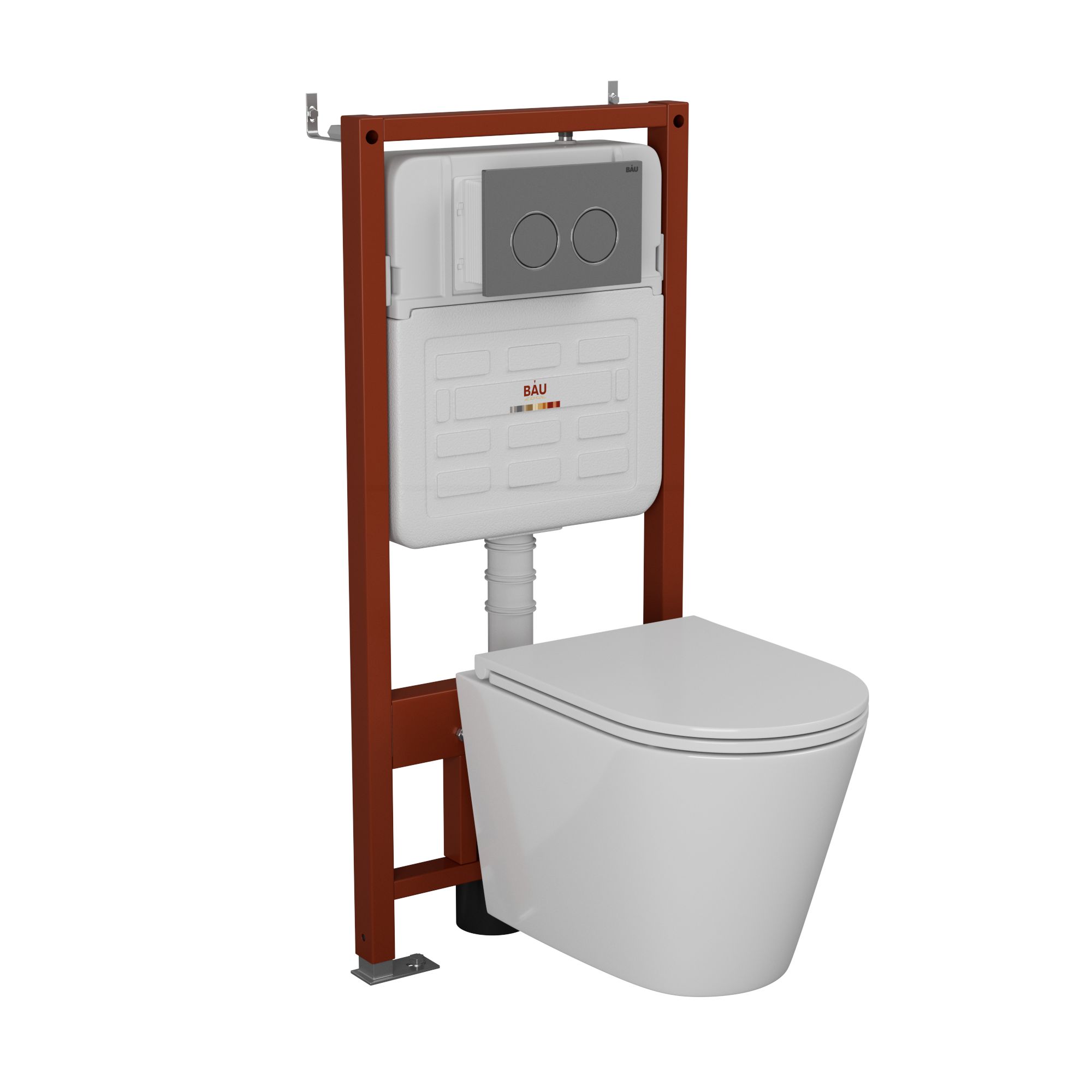 Комплект BAU 6 в 1: усиленная инсталляция BAU IDEAL, унитаз подвесной безободковый торнадо обратного потока Bau Nimb Hurricane2, сиденье дюропласт микролифт, клавиша BAU Round Gun gray, серый металлик