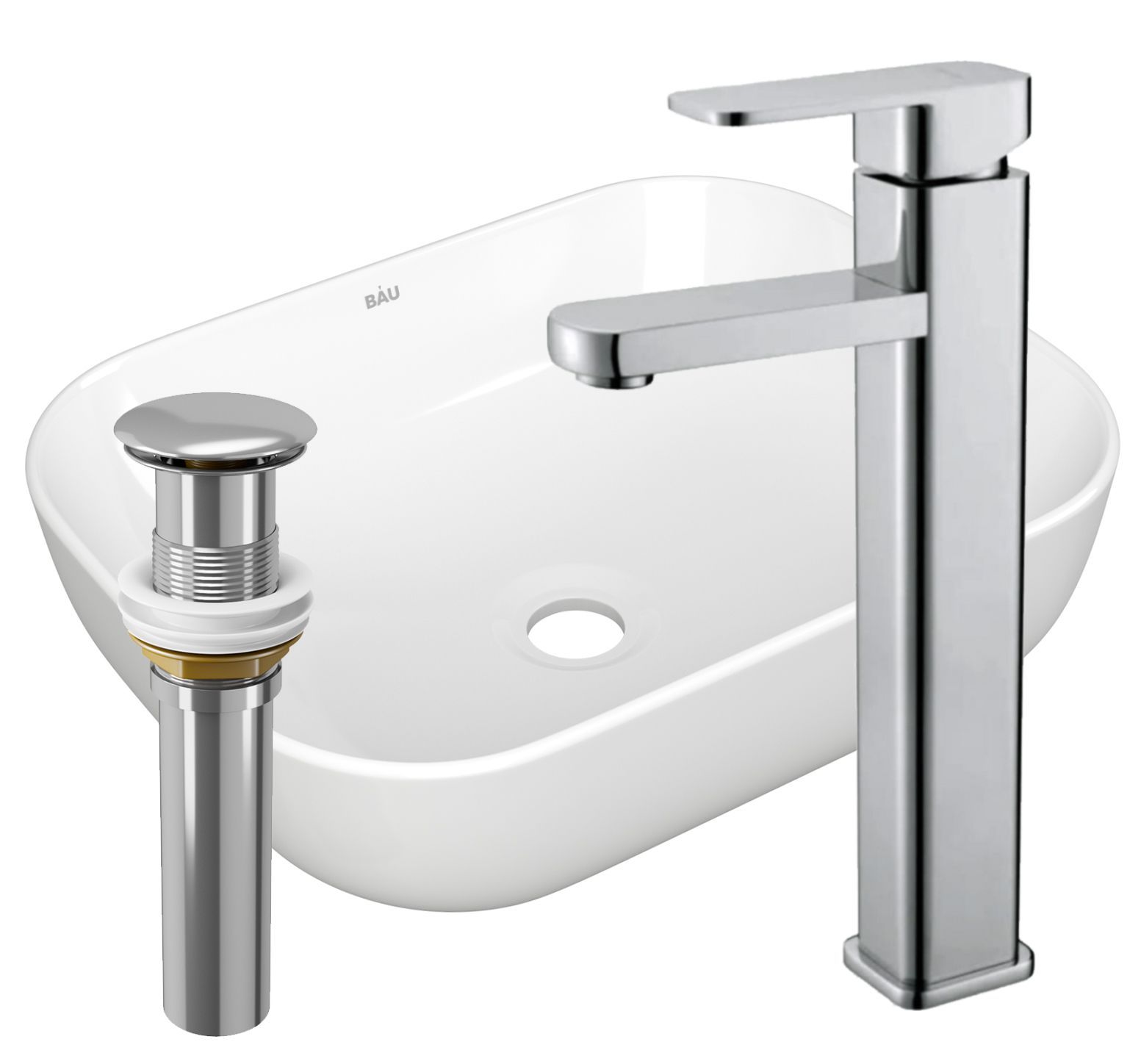 Раковина накладная со смесителем и выпуском (прямоугольная BAU Stil Pro 50х40, белая + смеситель Hotel Still, нер. сталь, выпуск клик-клак хром)