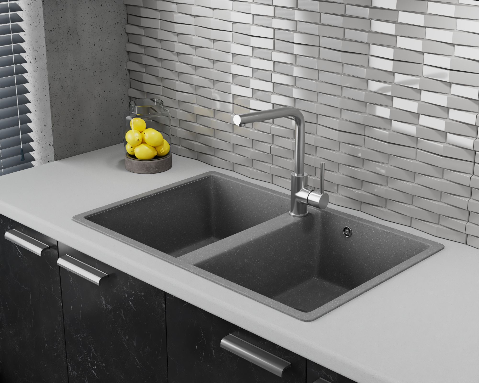 Мойка для кухни двойная чаша BAU Stil Gray stone 77х50, выпуск с сифоном в комплекте, серый камень