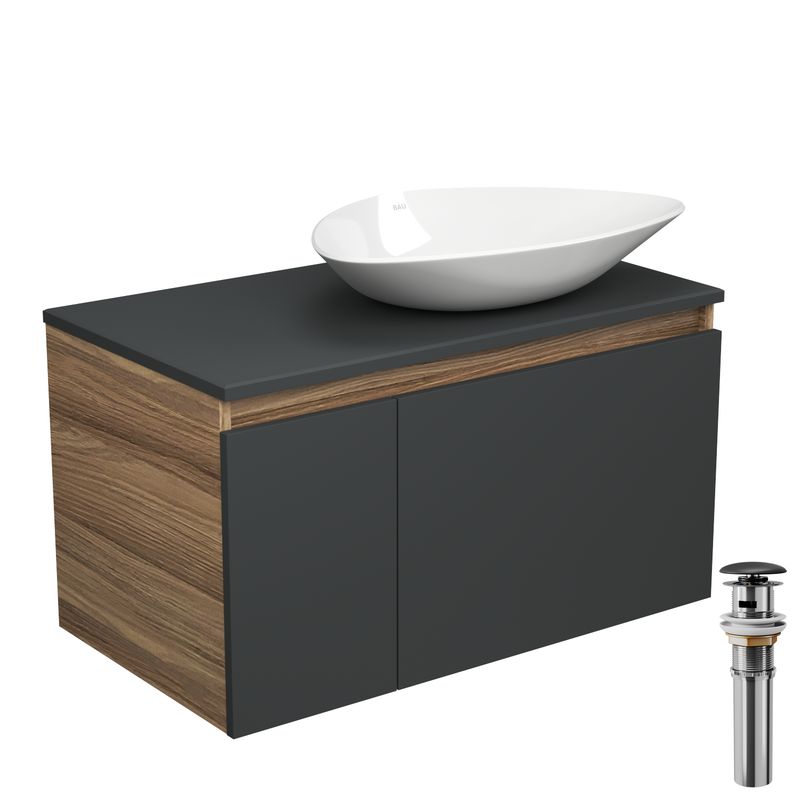 Тумба с раковиной и выпуском (тумба Bau Dream 80, графит + раковина санфаянс накладная треугольная BAU Triangle 59х39, выпуск клик-клак, черный)