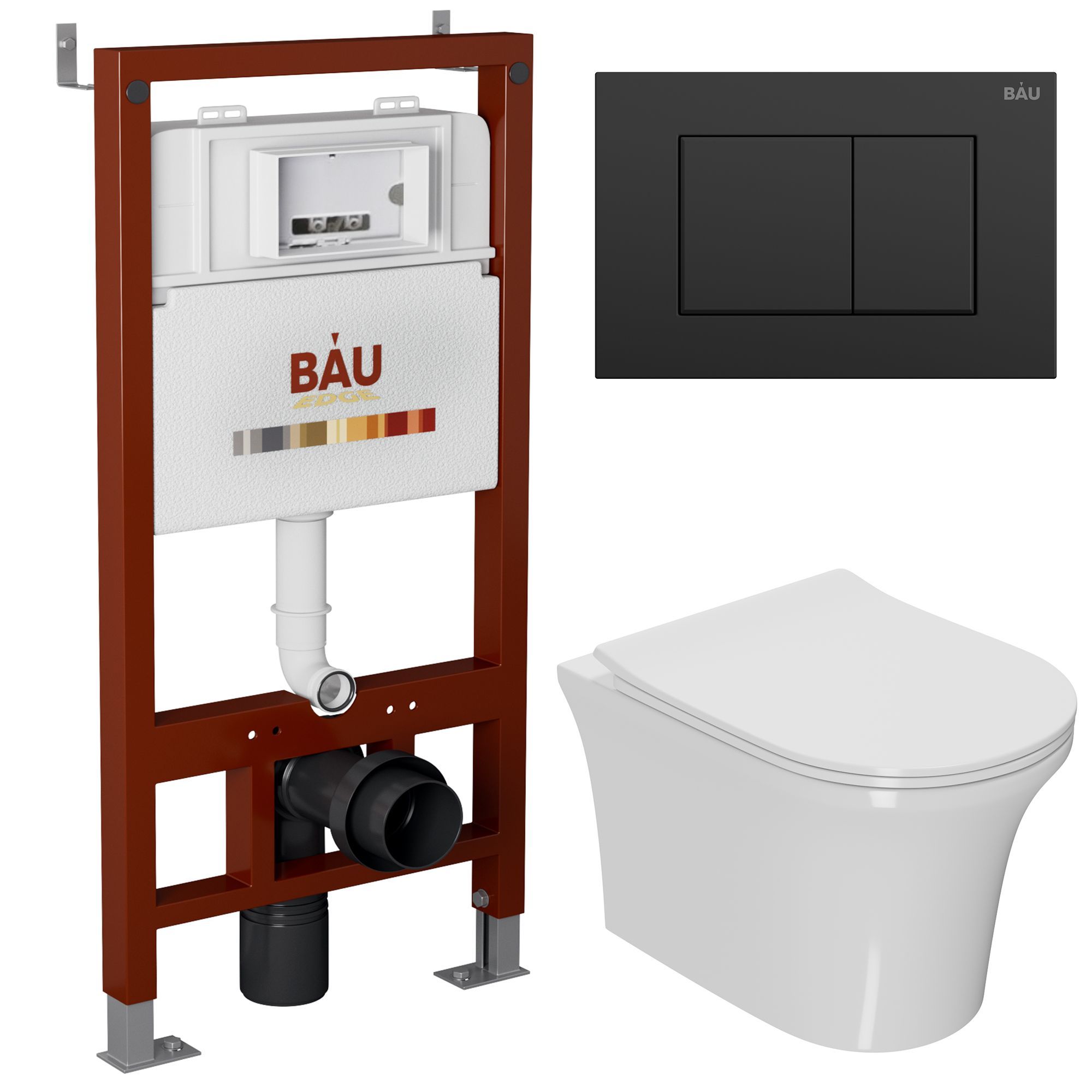 Комплект BAU 6 в 1: инсталляция BAU PRO, унитаз подвесной безободковый Bau Spectrum PRO, сиденье быстросъемное микролифт, клавиша BAU Stil, черный матовый