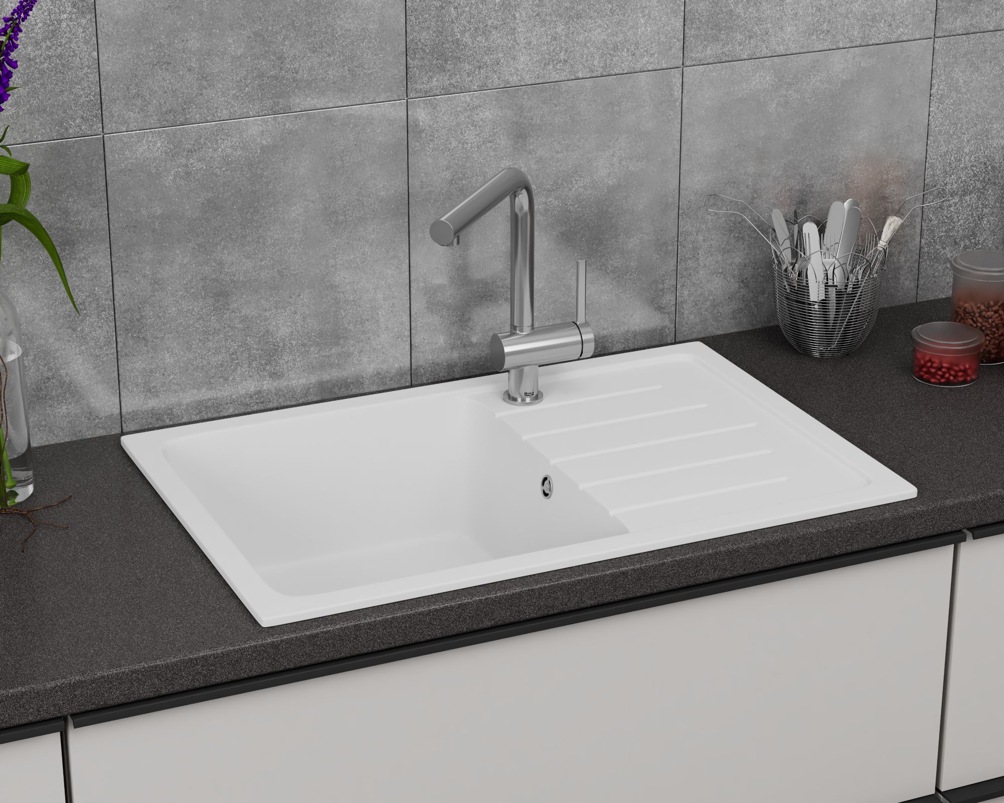 Мойка для кухни оборачиваемая с крылом BAU Stil White snow 75х50, выпуск с сифоном в комплекте, белый снег