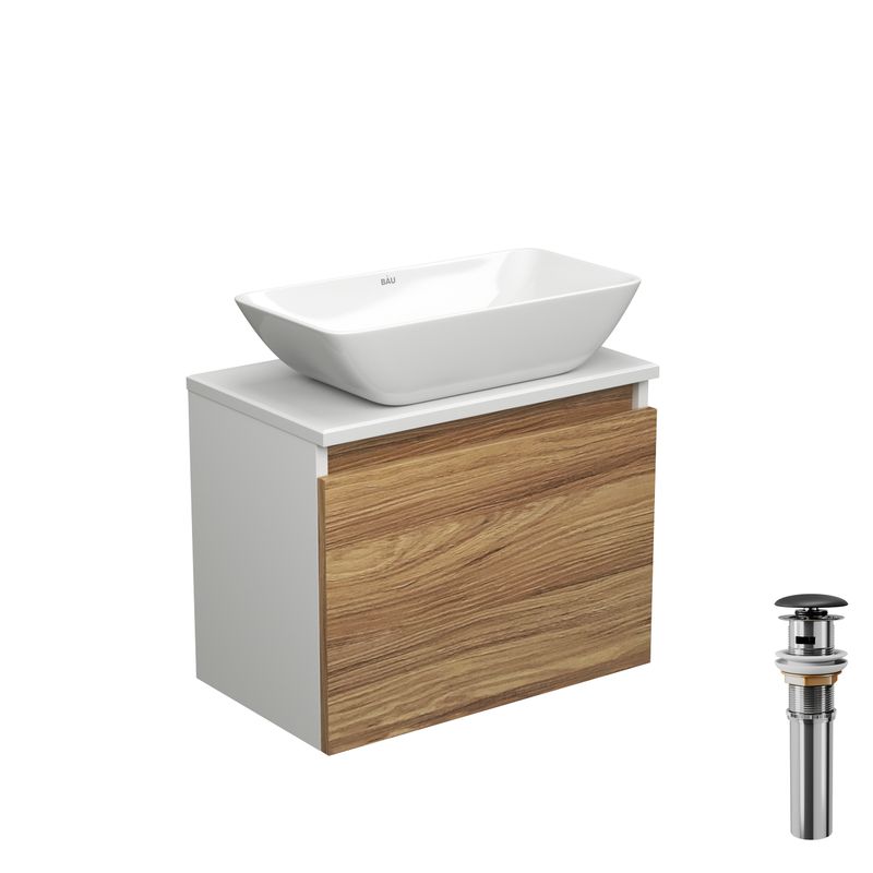 Тумба с раковиной и выпуском (тумба подвесная Bau Dream 50 + раковина чаша BAU Spectrum mini 47х24, белая, выпуск клик-клак, черный)