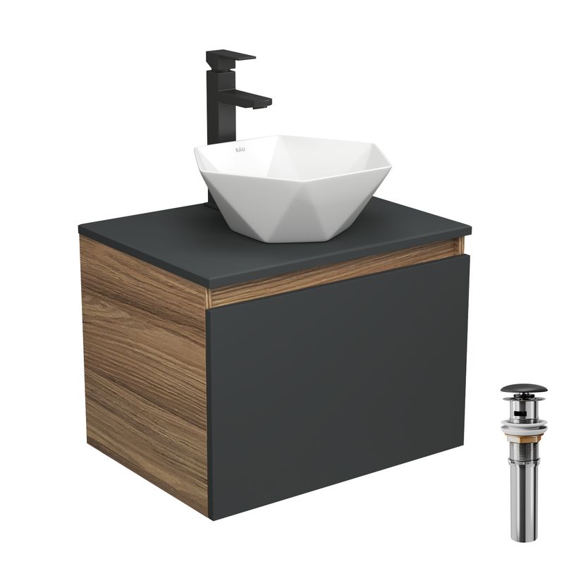 Комплект для ванной, 4 предмета (тумба Bau 60, графит + раковина на столешницу BAU Crystal 40х40 + смеситель Hotel Black, выпуск клик-клак, черный)