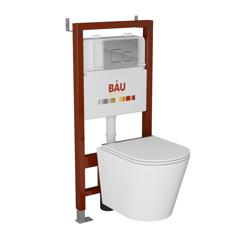 Комплект BAU 6 в 1: инсталляция BAU PRO, унитаз подвесной безободковый Bau Nimb LUX, сиденье дюропласт микролифт со вставкой из нержавеющей стали, кнопка смыва BAU Soul, хром