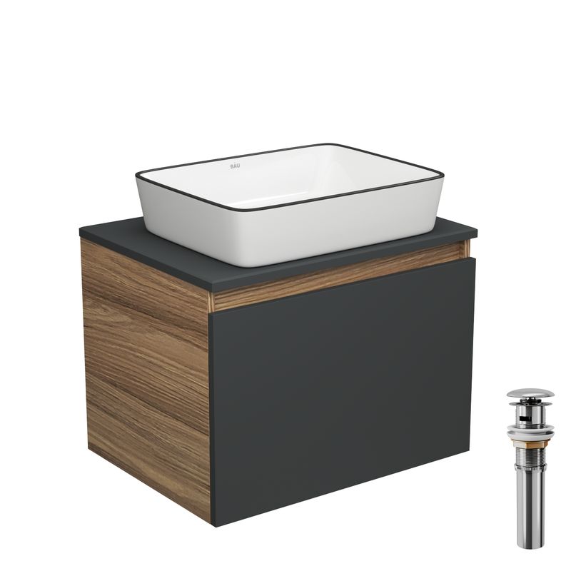 Тумба с раковиной и выпуском (тумба Bau Dream 60, графит + раковина санфаянс накладная BAU Hotel Black Rand 48х37, выпуск клик-клак, хром)
