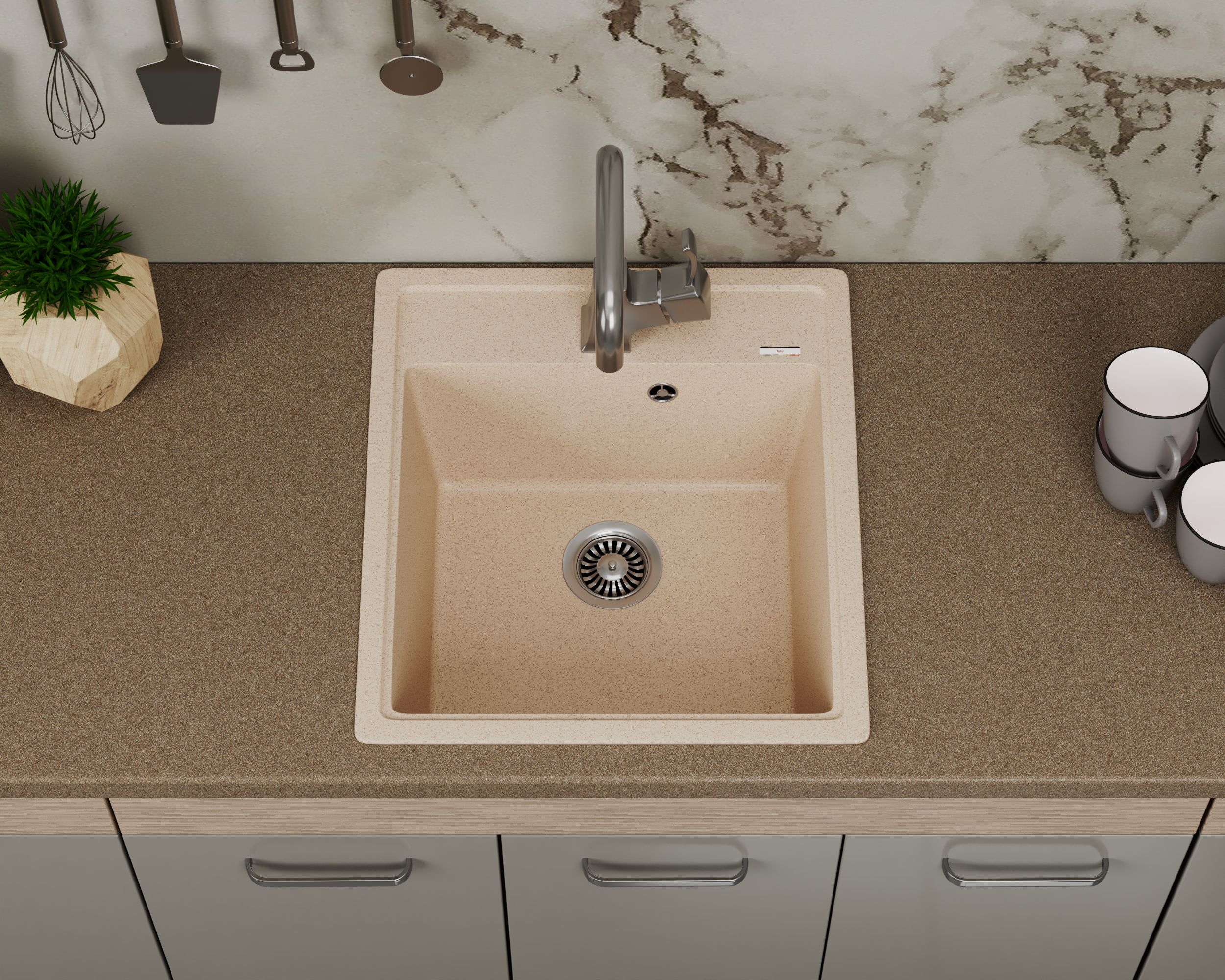 Мойка для кухни врезная кварцевая в комплекте с сифоном BAU Stil Sand 46х51, песочный