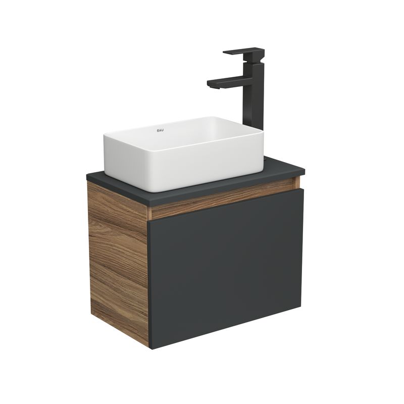 Комплект для ванной, 3 предмета (тумба Bau Dream 50, графит + раковина санфаянс накладная BAU Hotel mini 37х23, смеситель высокий Hotel Black)