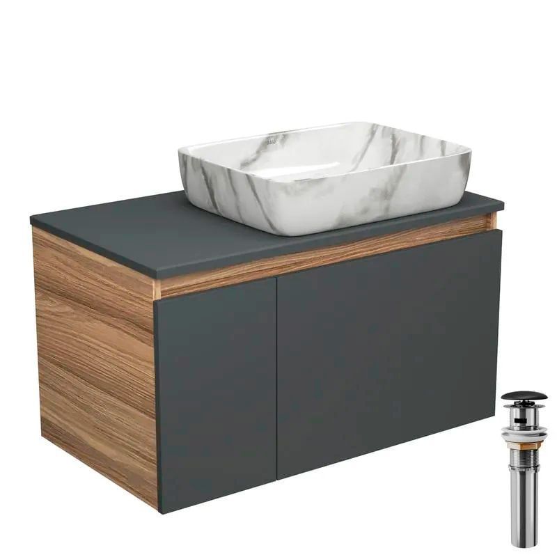 Тумба с раковиной и выпуском (тумба Bau Dream 80, графит + раковина санфаянс накладная прямоугольная BAU Hotel 48х37, выпуск клик-клак, черный)