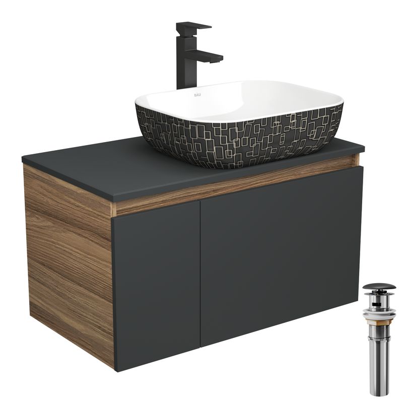 Комплект для ванной, 4 предмета (тумба Bau 80, графит + раковина BAU Stil Black White 50х40 + смеситель Hotel Black, выпуск клик-клак, черный)