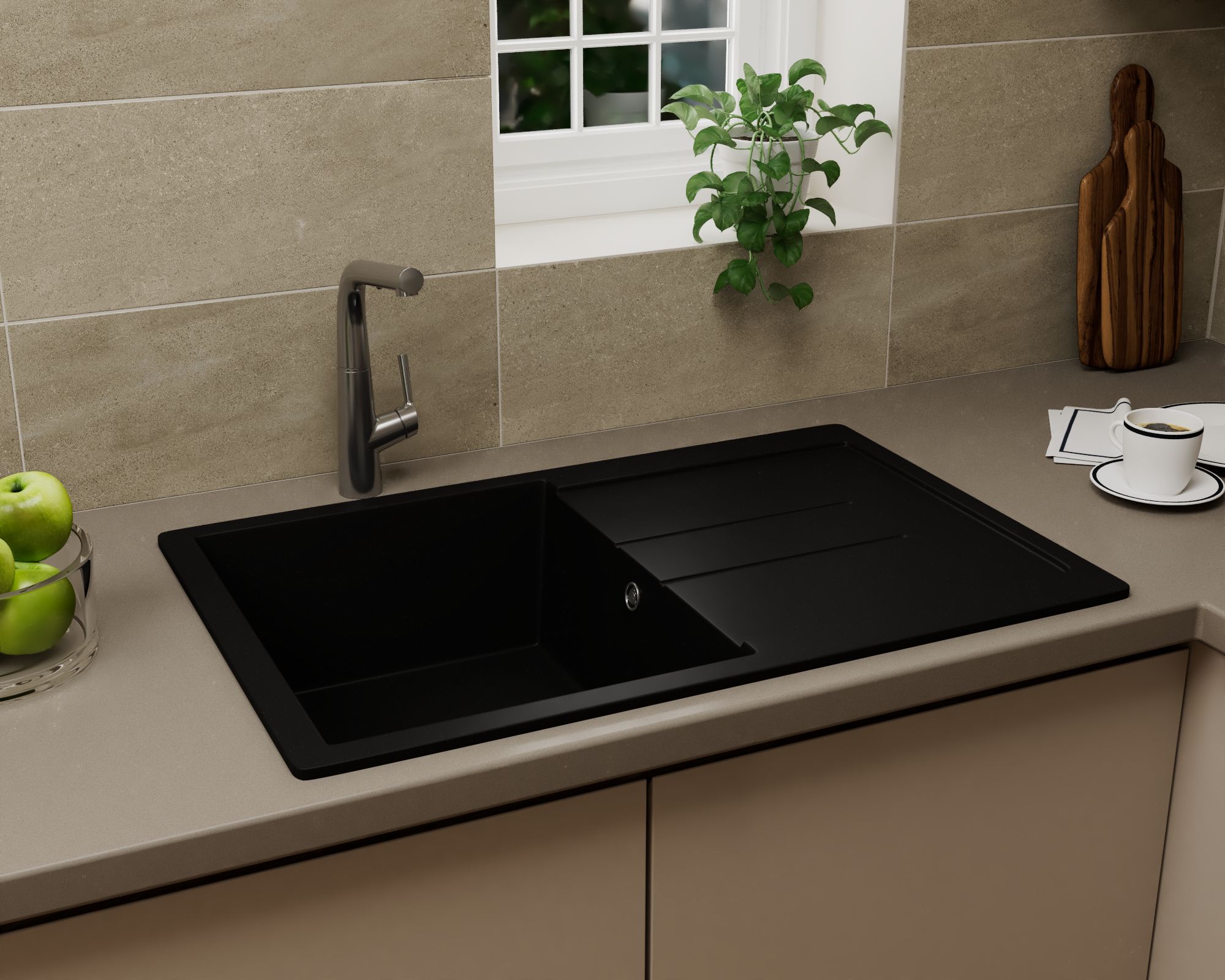 Мойка для кухни оборачиваемая с крылом BAU Stil Black coal 77х50, выпуск с сифоном в комплекте, черный уголь