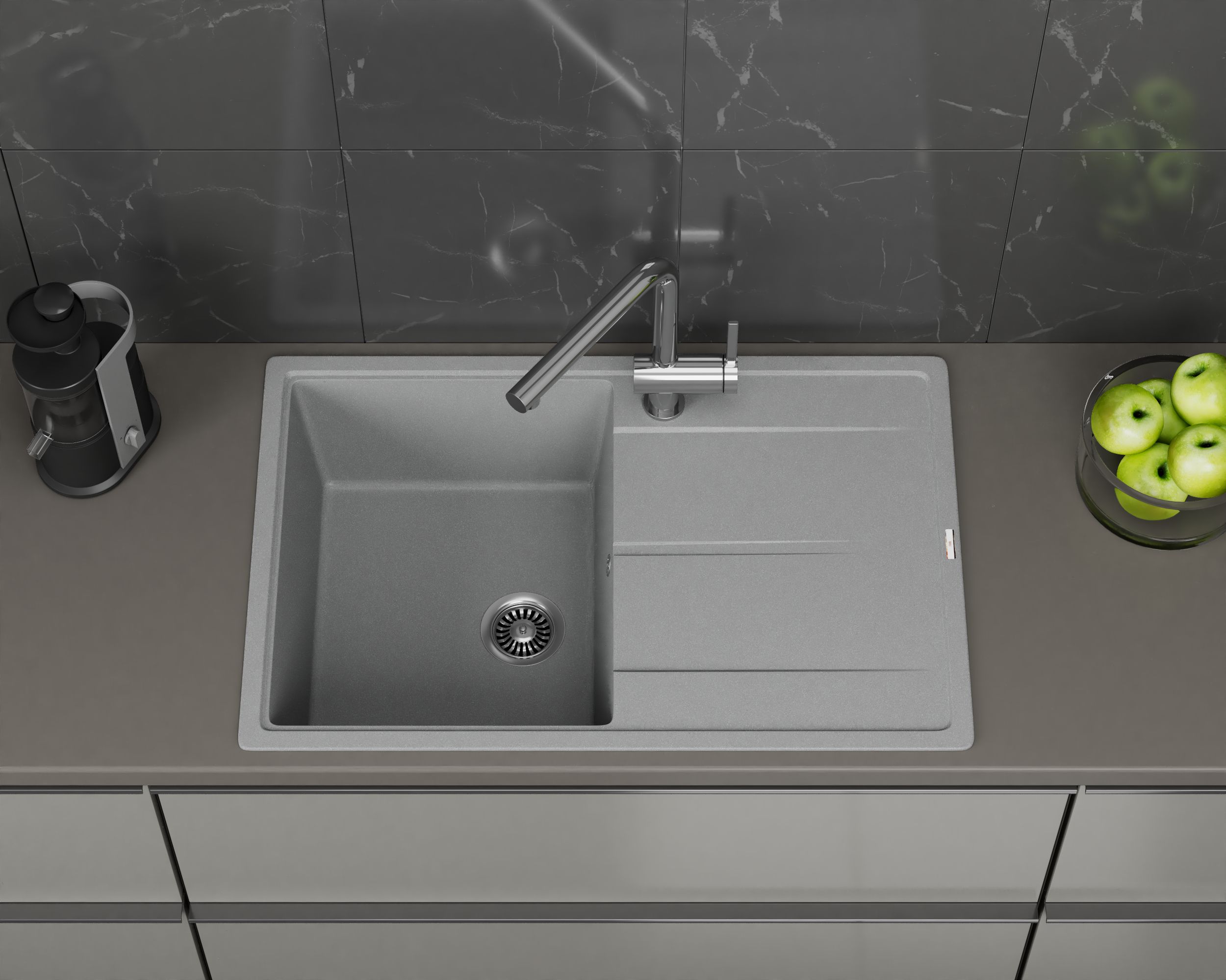 Мойка для кухни врезная кварцевая в комплекте с сифоном BAU Stil Gray silk 78х51, серый шёлк