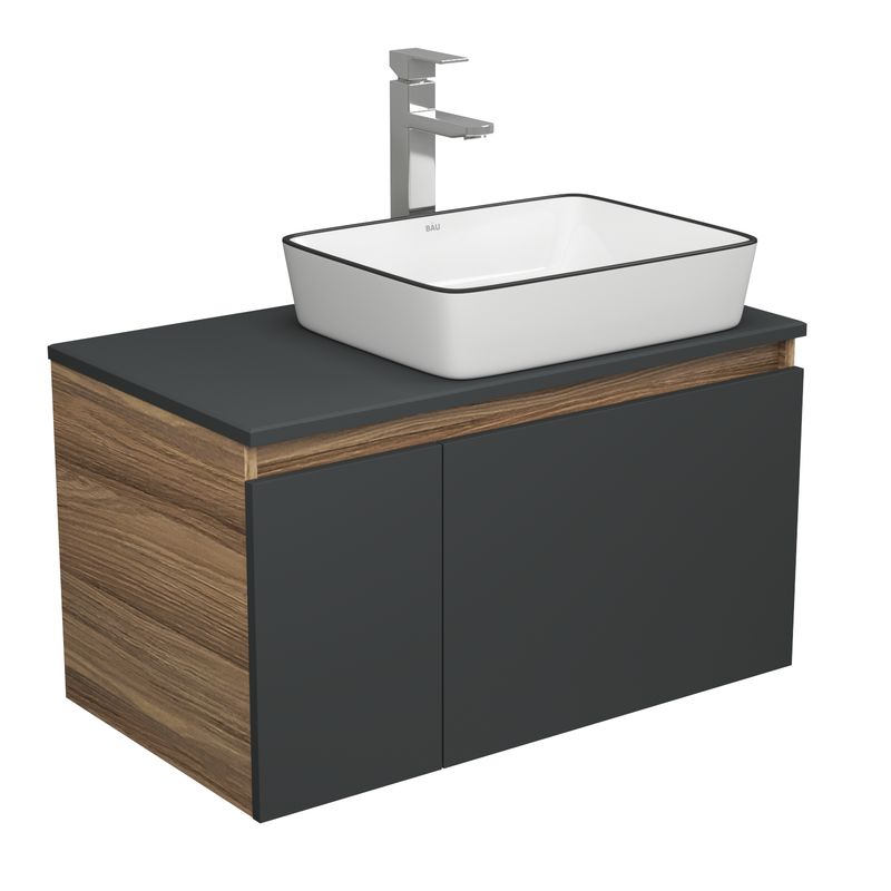 Комплект для ванной, 3 предмета (тумба Bau Dream 80, графит + раковина санфаянс накладная BAU Hotel Black Rand 48х37, смеситель высокий Hotel Still)