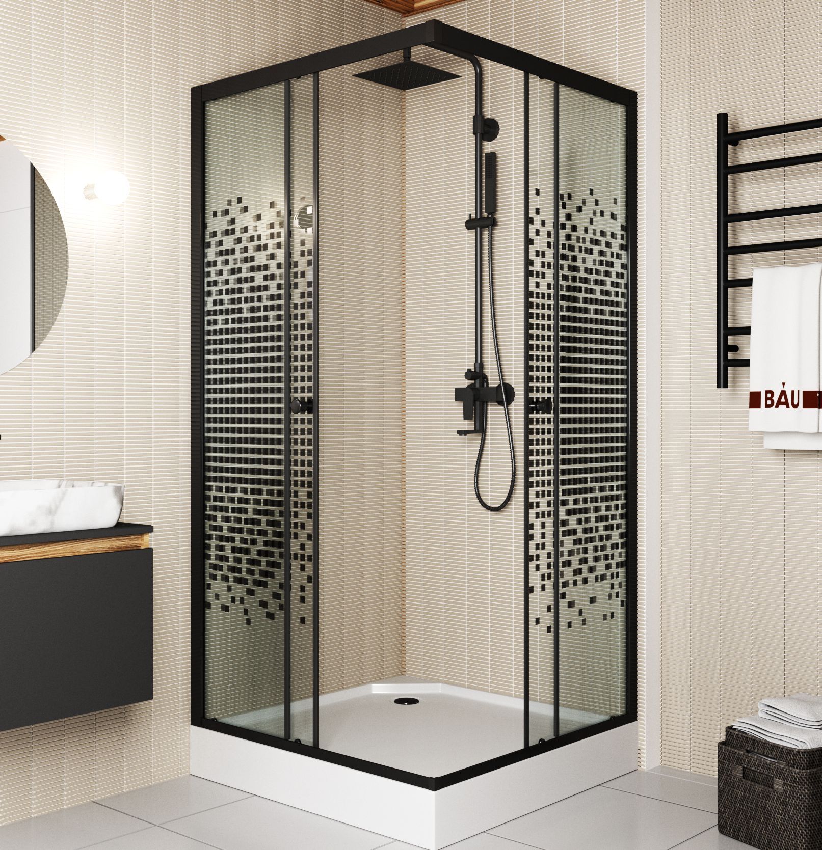 Душевой уголок BAU Stil квадратный с поддоном 90x90х195, прозрачное закаленное стекло с черным рисунком 5 мм, черный матовый профиль