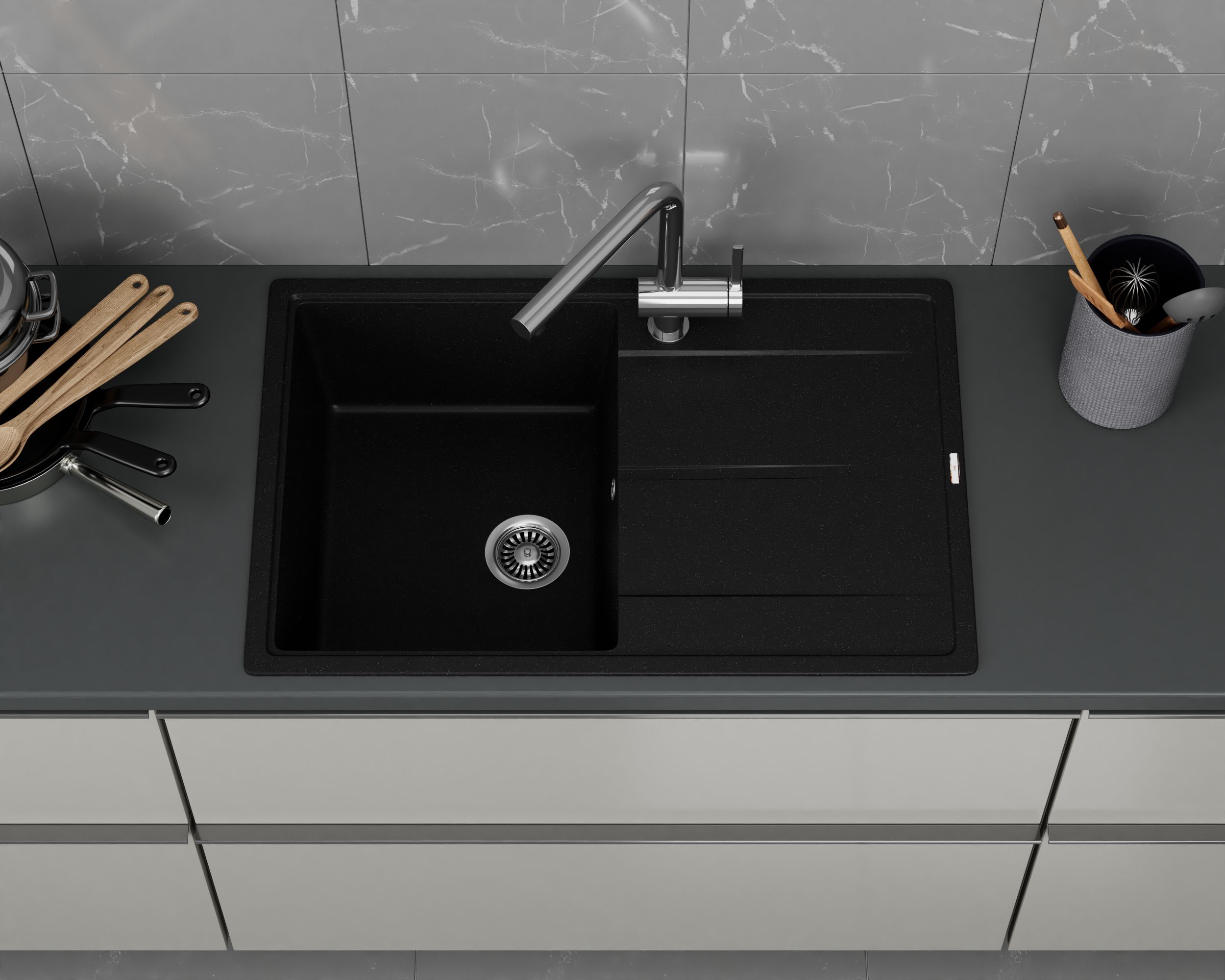Мойка для кухни врезная кварцевая в комплекте с сифоном BAU Stil Anthracite 78х51, антрацит