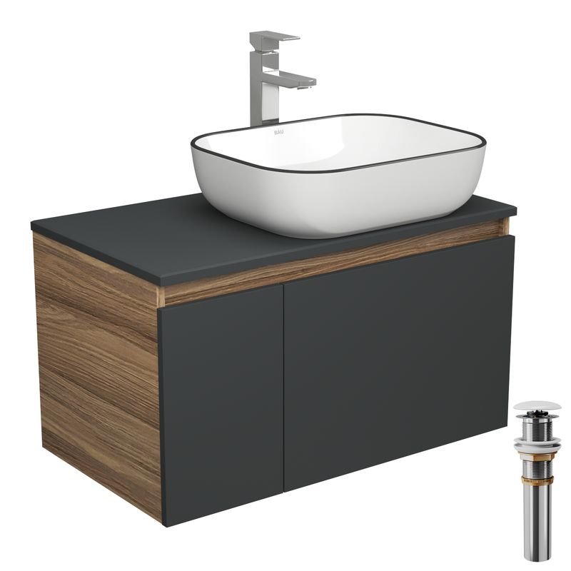 Комплект для ванной, 4 предмета (тумба Bau 80, графит + раковина BAU Stil Black Rand 50х40 + смеситель Hotel Still, выпуск клик-клак, белый)