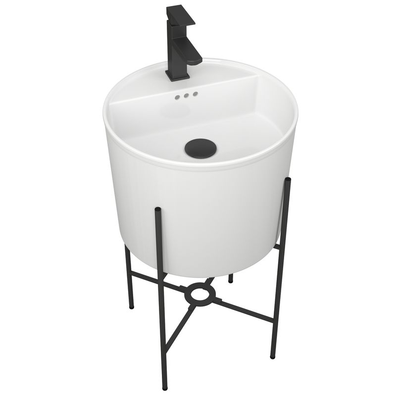 Раковина напольная с металлическими ножками и выпуском (BAU Omega белая + смеситель Hotel Black, выпуск клик-клак черный)