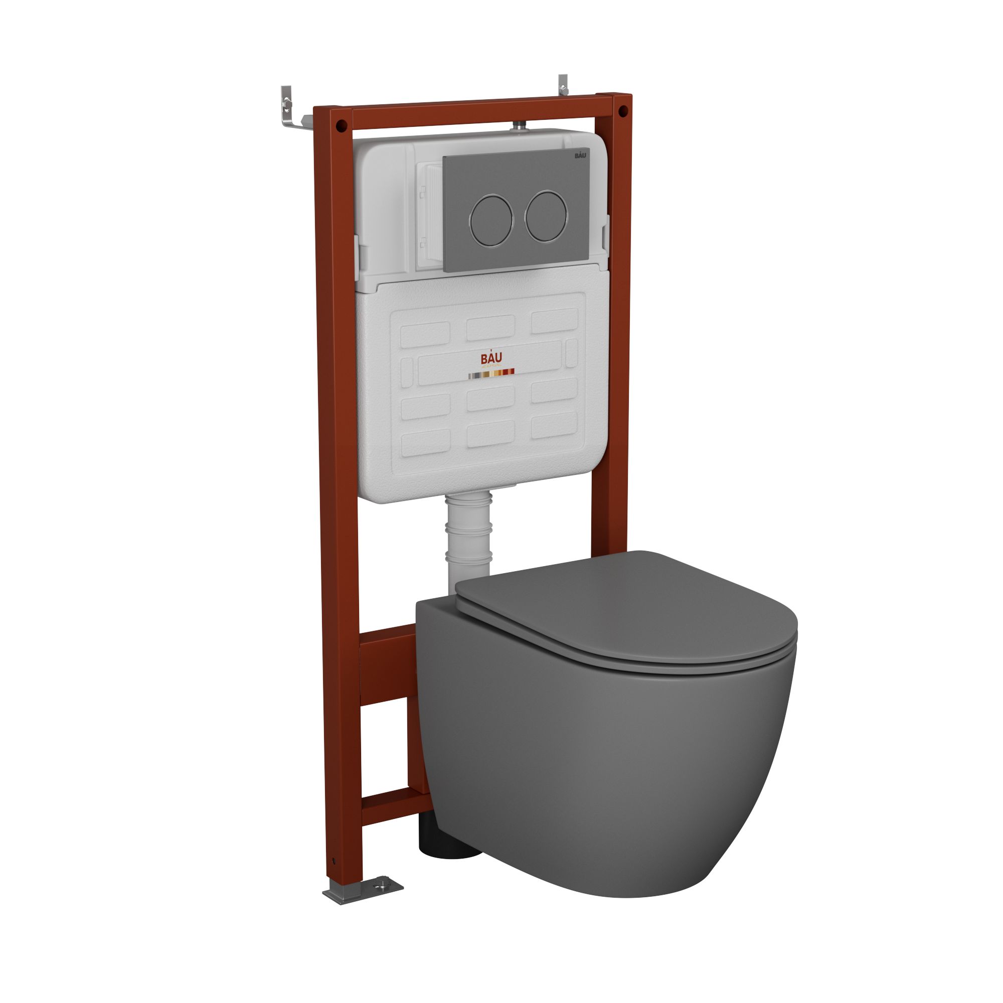 Комплект BAU 6 в 1: усиленная инсталляция BAU IDEAL, унитаз подвесной безободковый Bau Dream 49,5х36 темно-серый матовый, сиденье дюропласт микролифт, клавиша BAU Round Gun gray, серый металлик