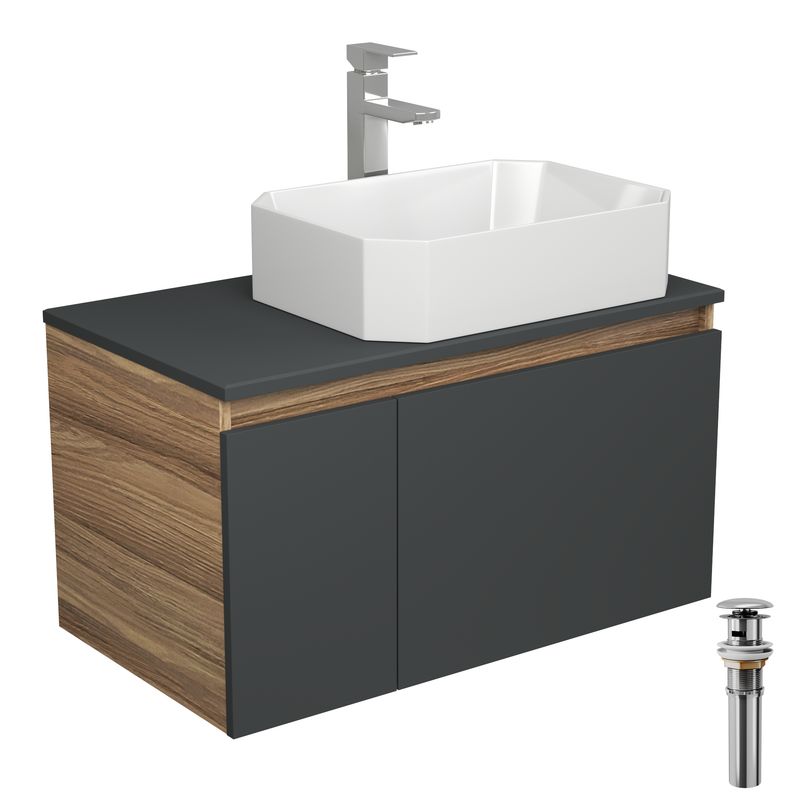 Комплект для ванной, 4 предмета (Тумба подвесная Bau Blackwood 80 графит + Раковина BAU Hotel 51х37, Смеситель Hotel Still, нерж. сталь, выпуск)